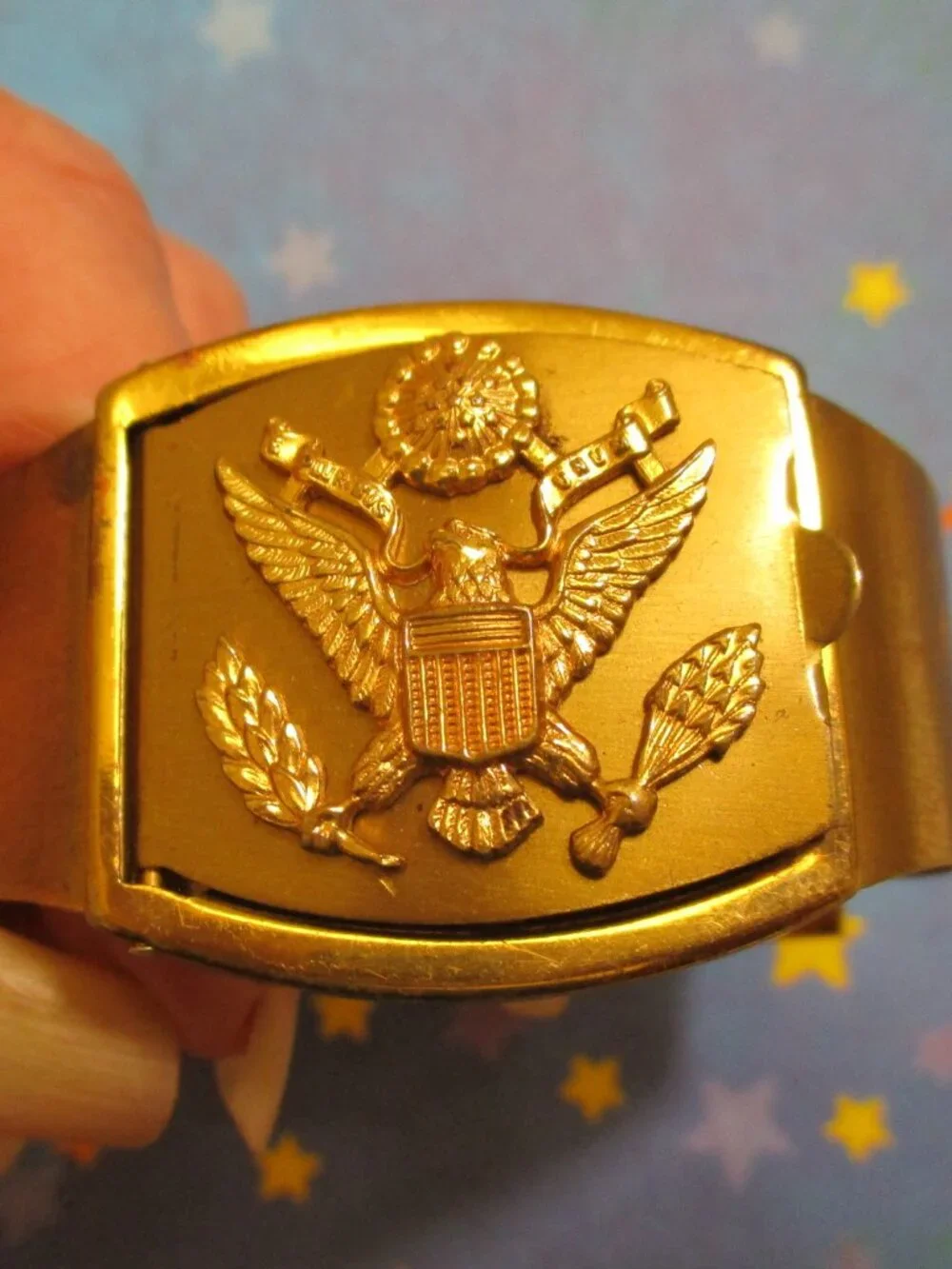 WWII US ARMY Hidden Locket Bracelet: Gold Matte Metal Hinged Military Cuff~ RARE